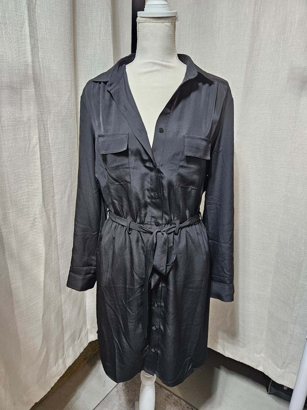 Lucky Brand Black Satin Long Sleeve Belted Shirt Dress